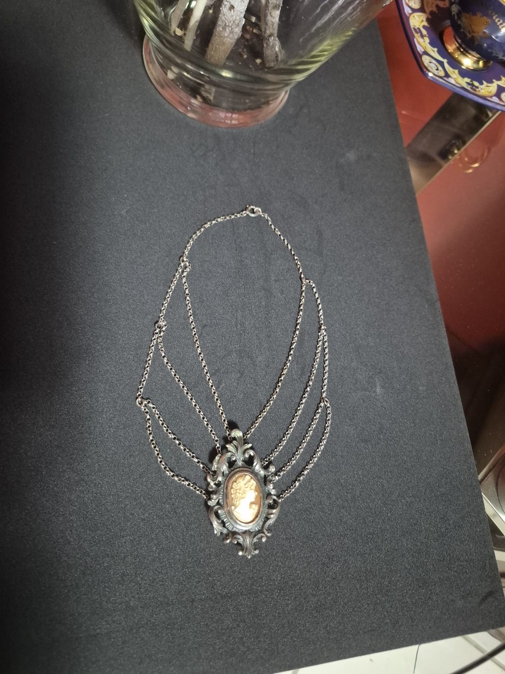 Vintage Cameo Pendant Multi-Strand Necklace - Black and Cream